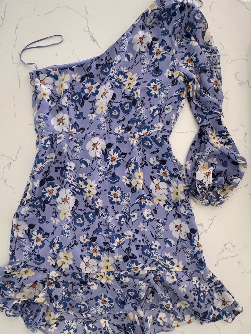 ASTR The Label Floral One Shoulder Mini Dress M Blue Ruffle Hem Party - Picture 6 of 10